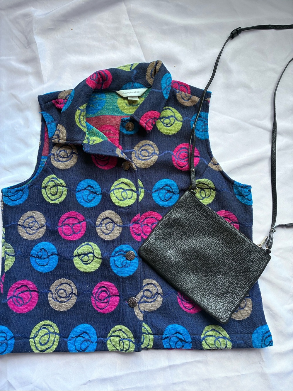 Sleeveless Patterned Vest - Navy with Pink, Blue & Lime Circles